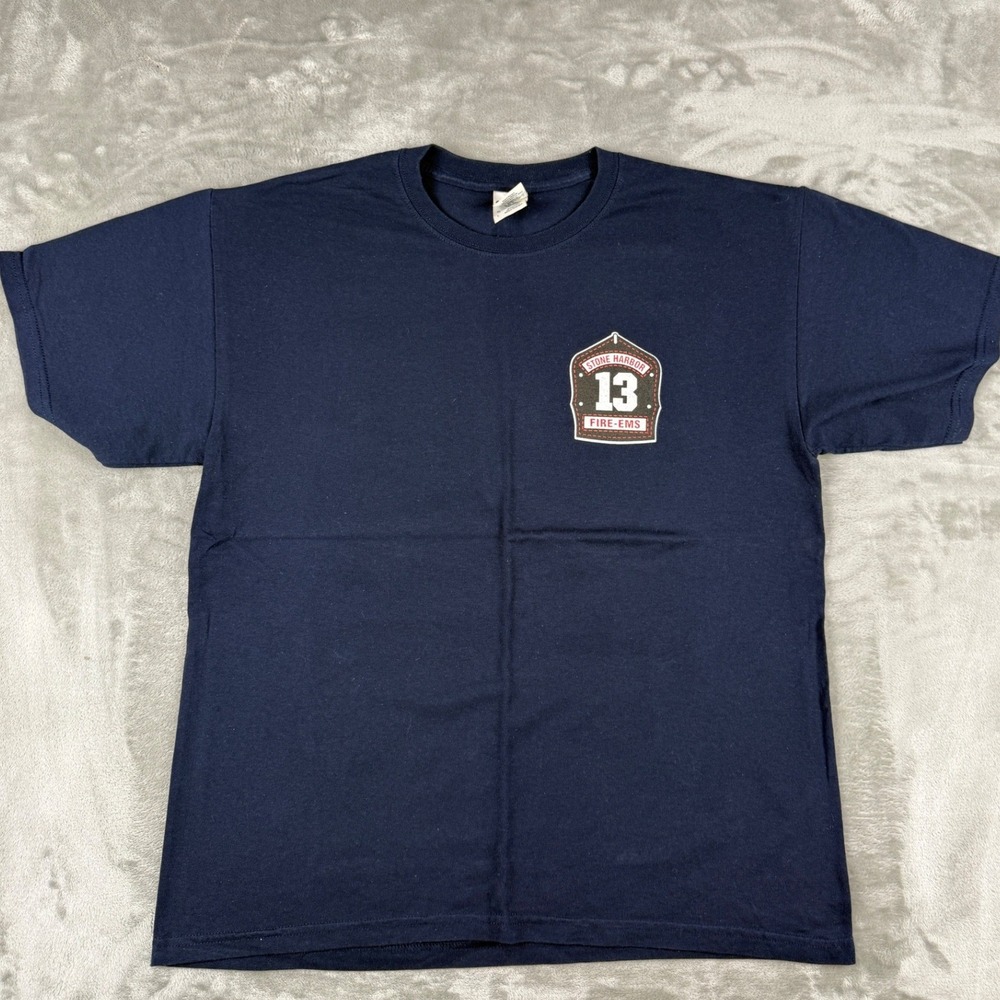 Gildan Stone Harbor Fire-Rescue Mens Navy Blue Graphic T-Shirt Large NJ EMS 13